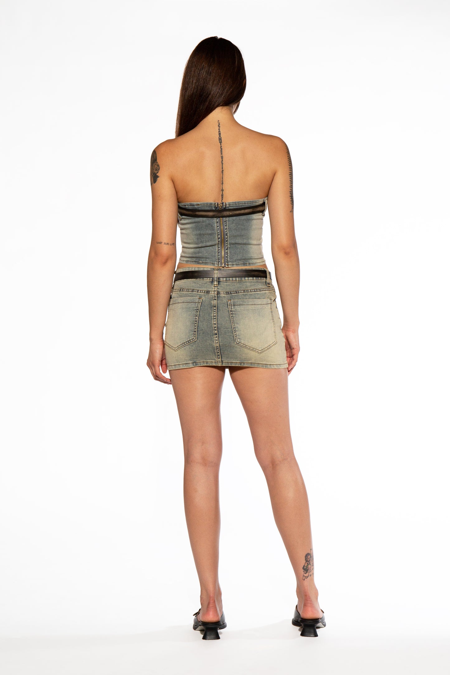 Western Patch Belted Denim Micro Mini Skirt