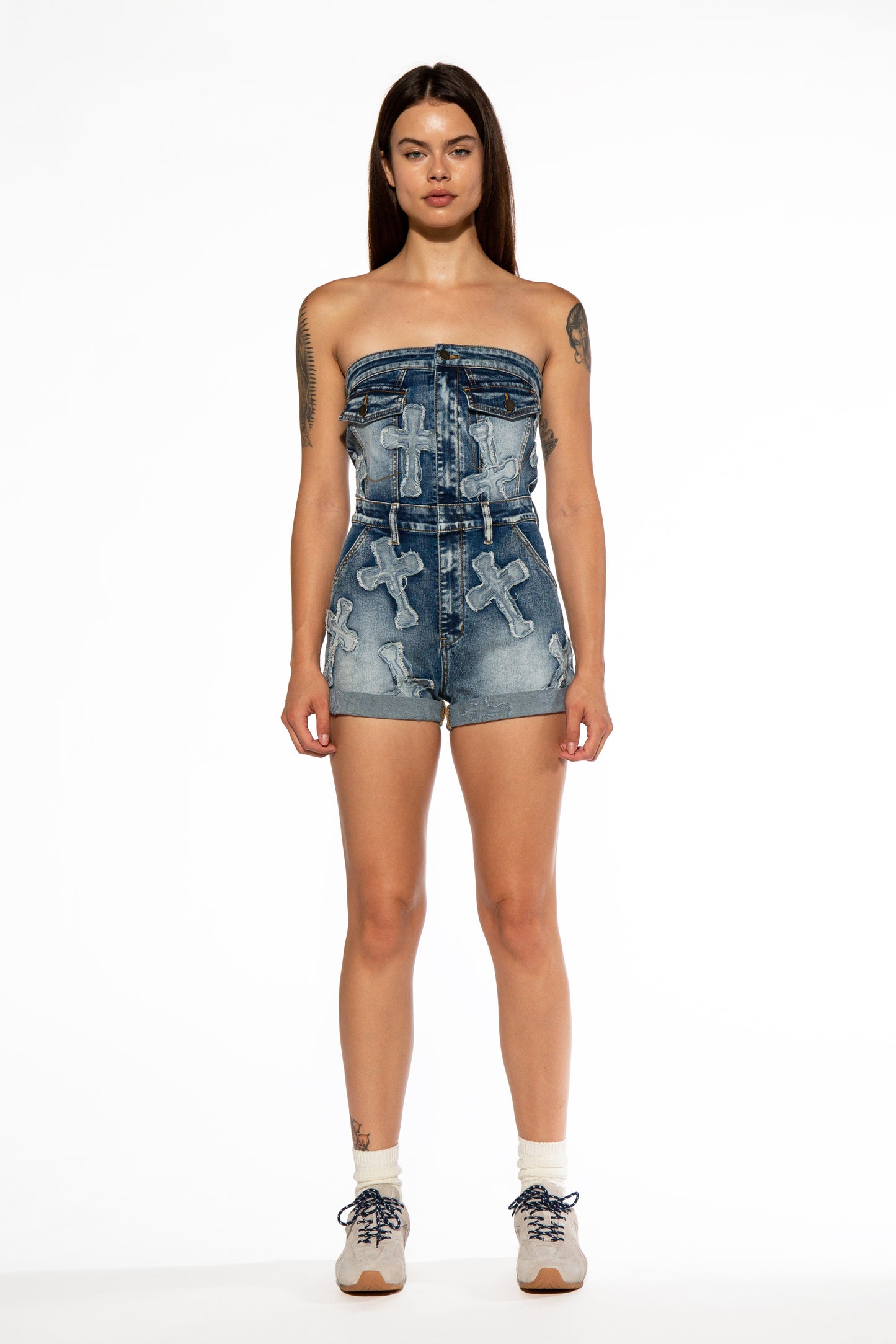 Cross Patch Tube Denim Romper
