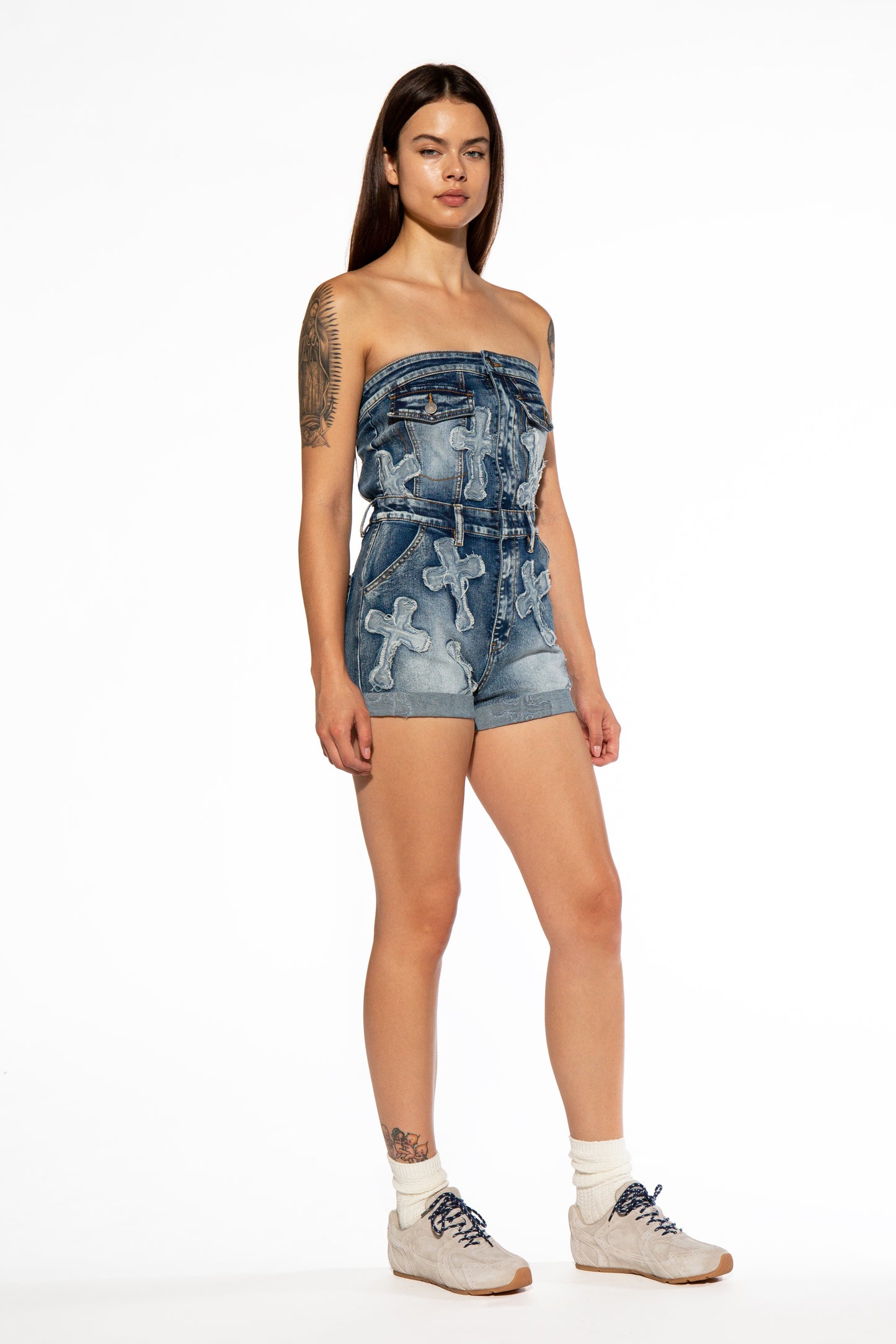 Cross Patch Tube Denim Romper