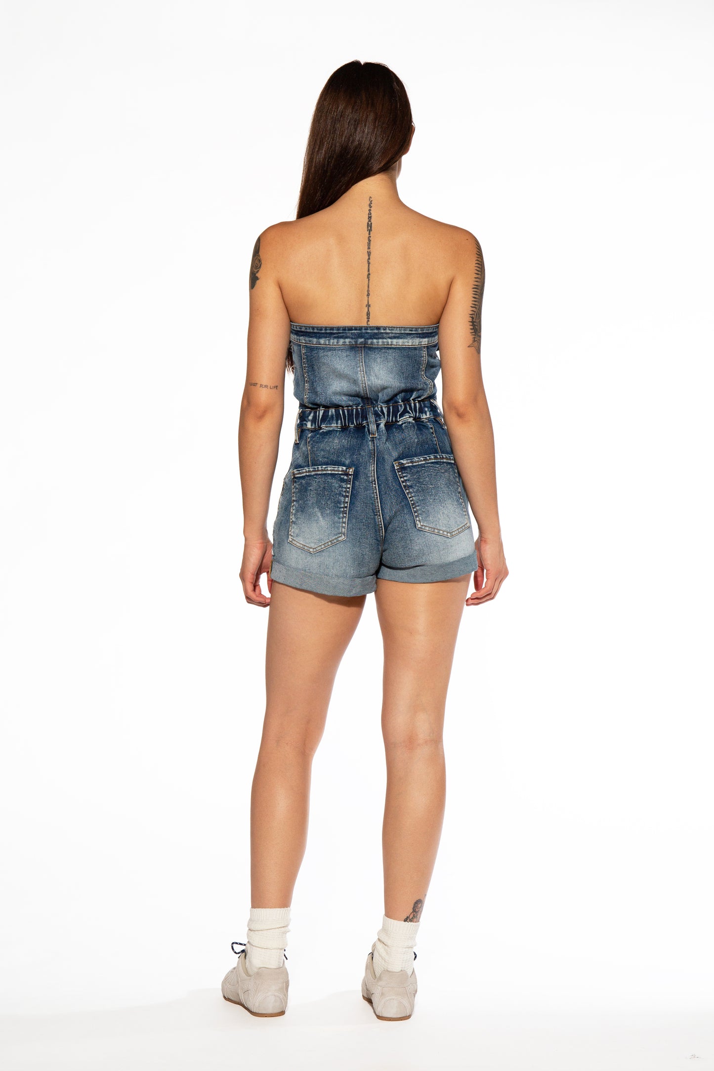 Cross Patch Tube Denim Romper