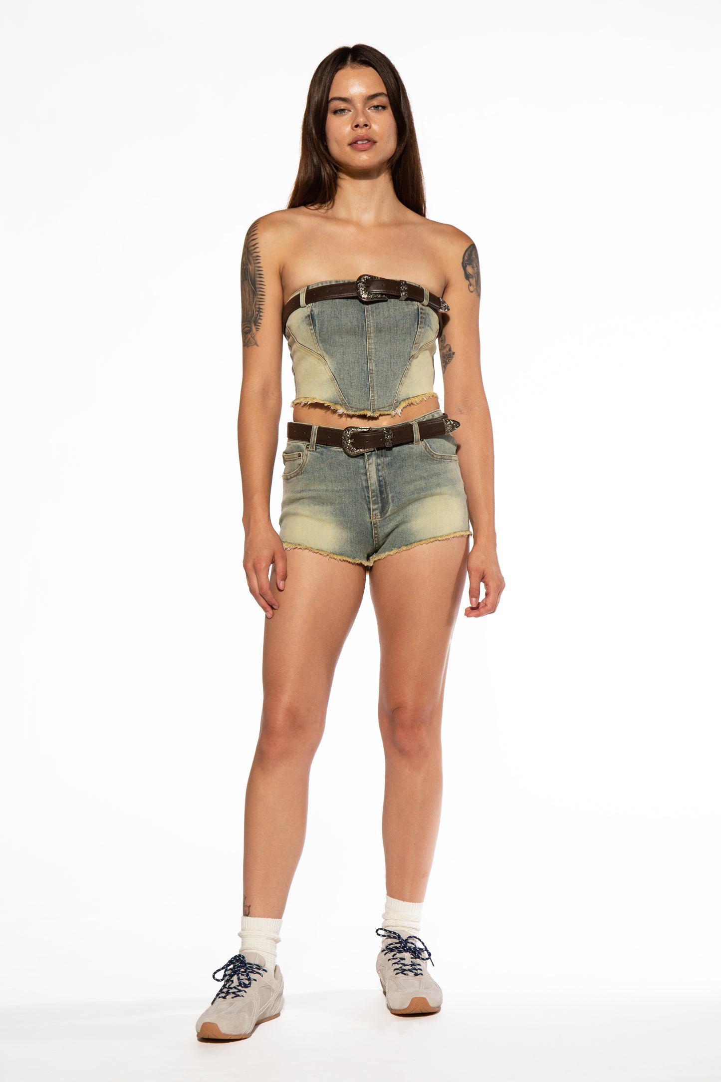 Raw Edge Belted Denim Corset Top