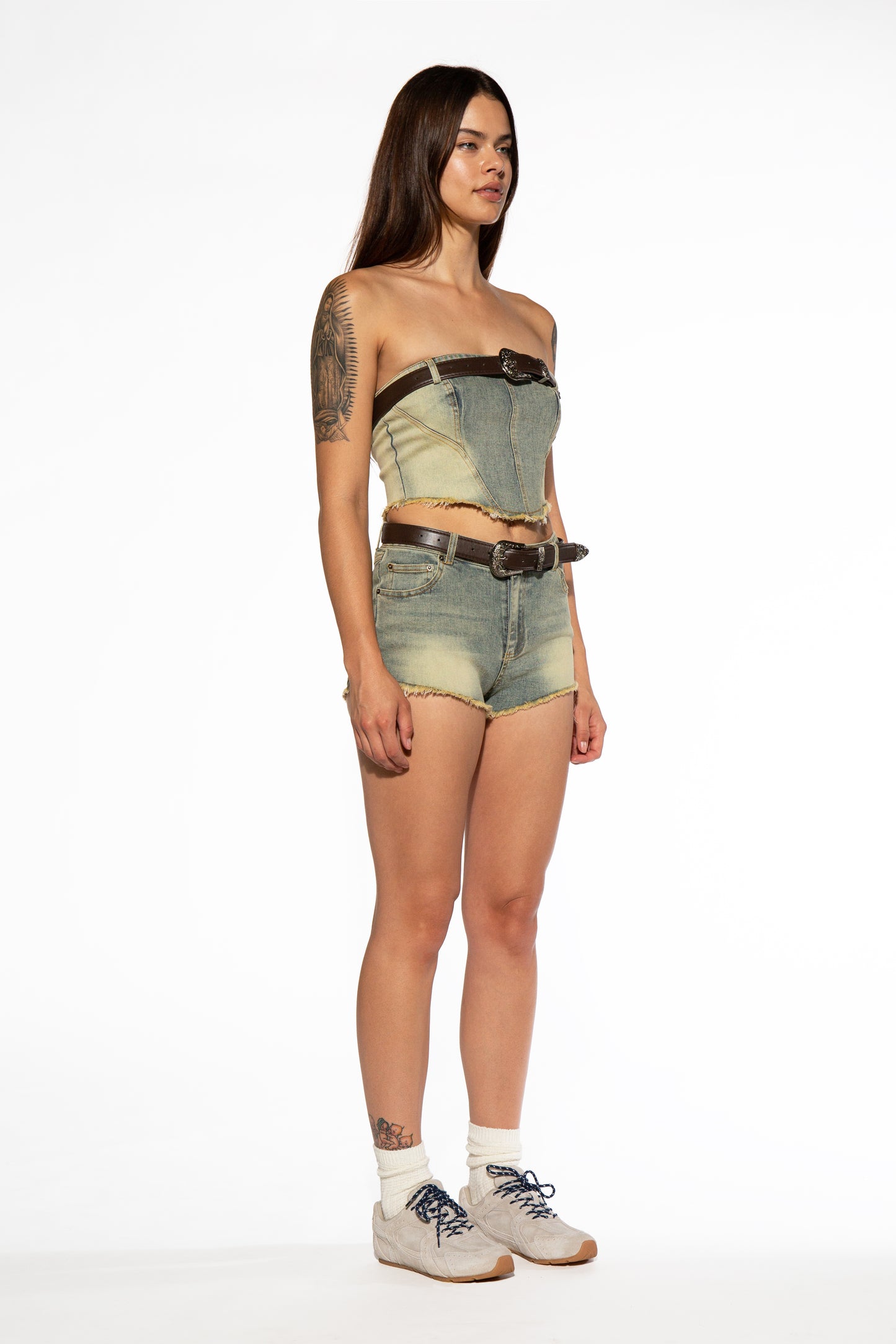 Raw Edge Belted Denim Corset Top