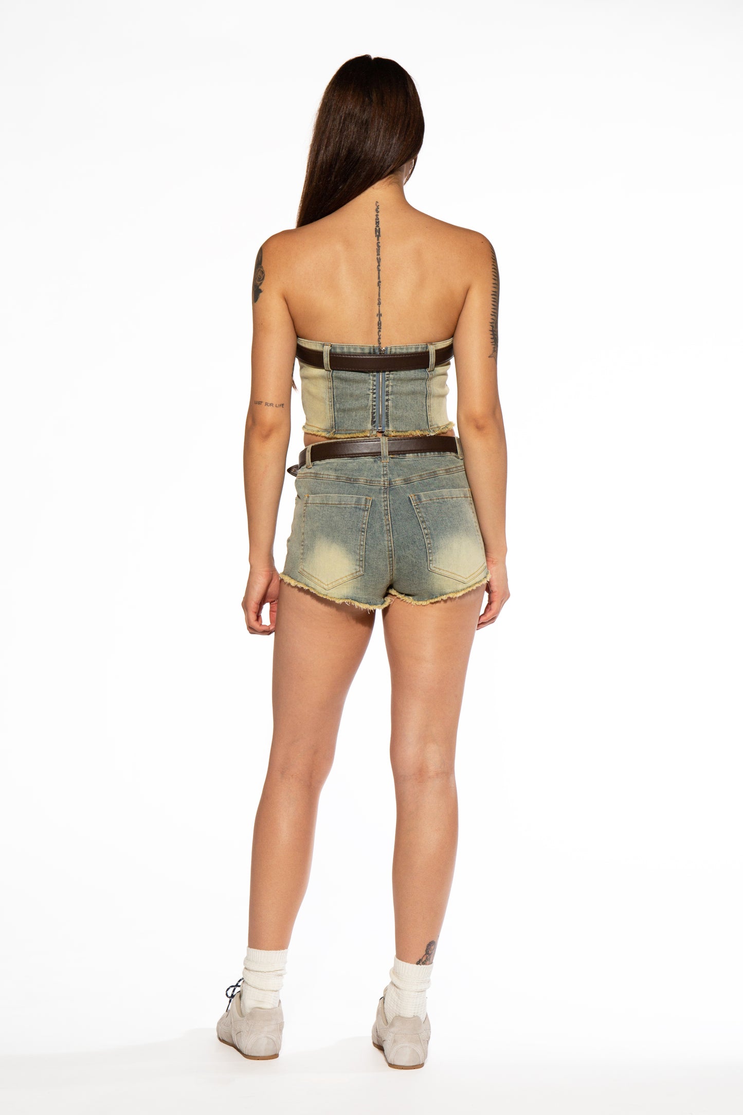 Raw Edge Belted Denim Corset Top