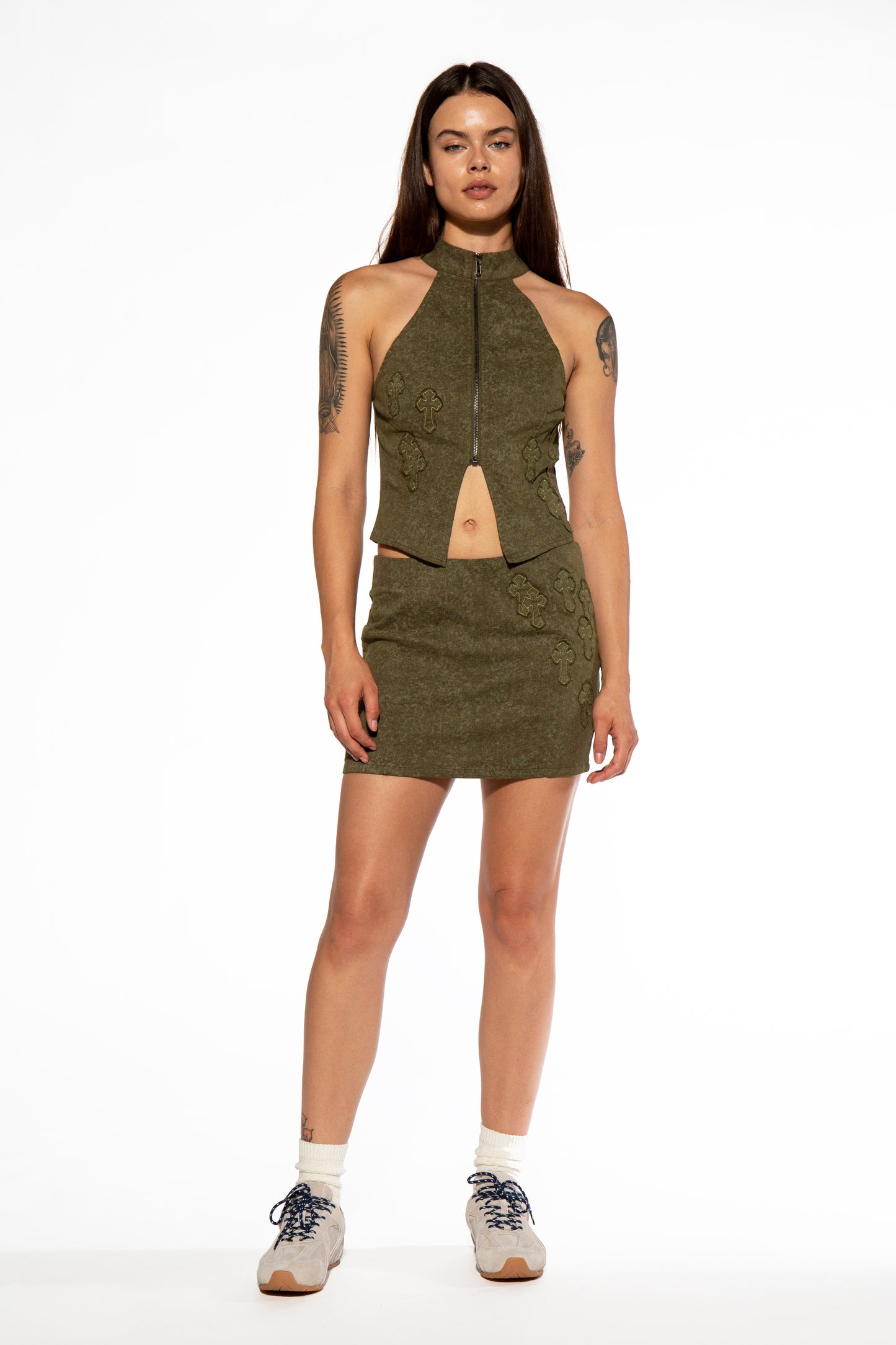 Moto Collar Cross Patch Top & Mini Skirt Set