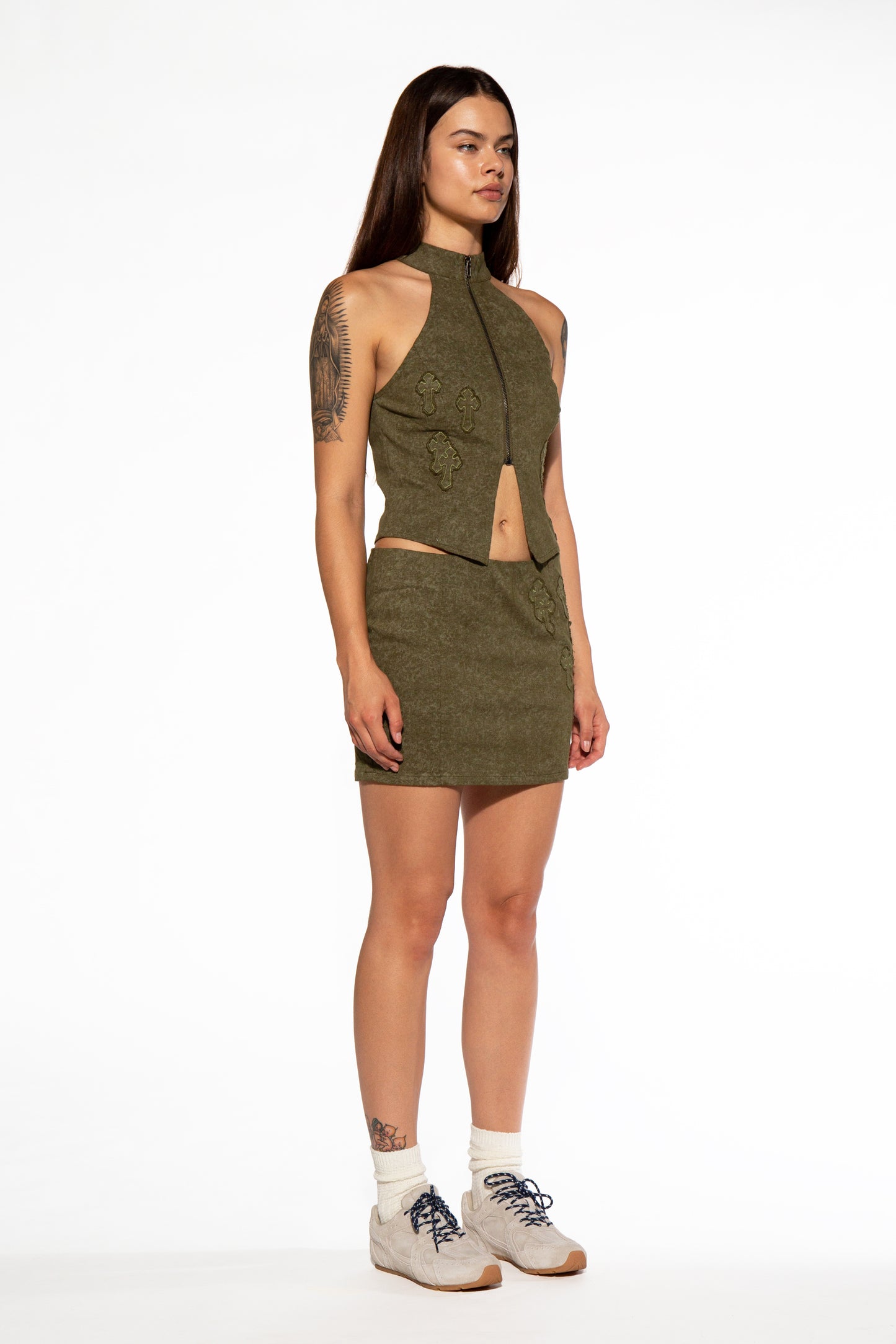 Moto Collar Cross Patch Top & Mini Skirt Set