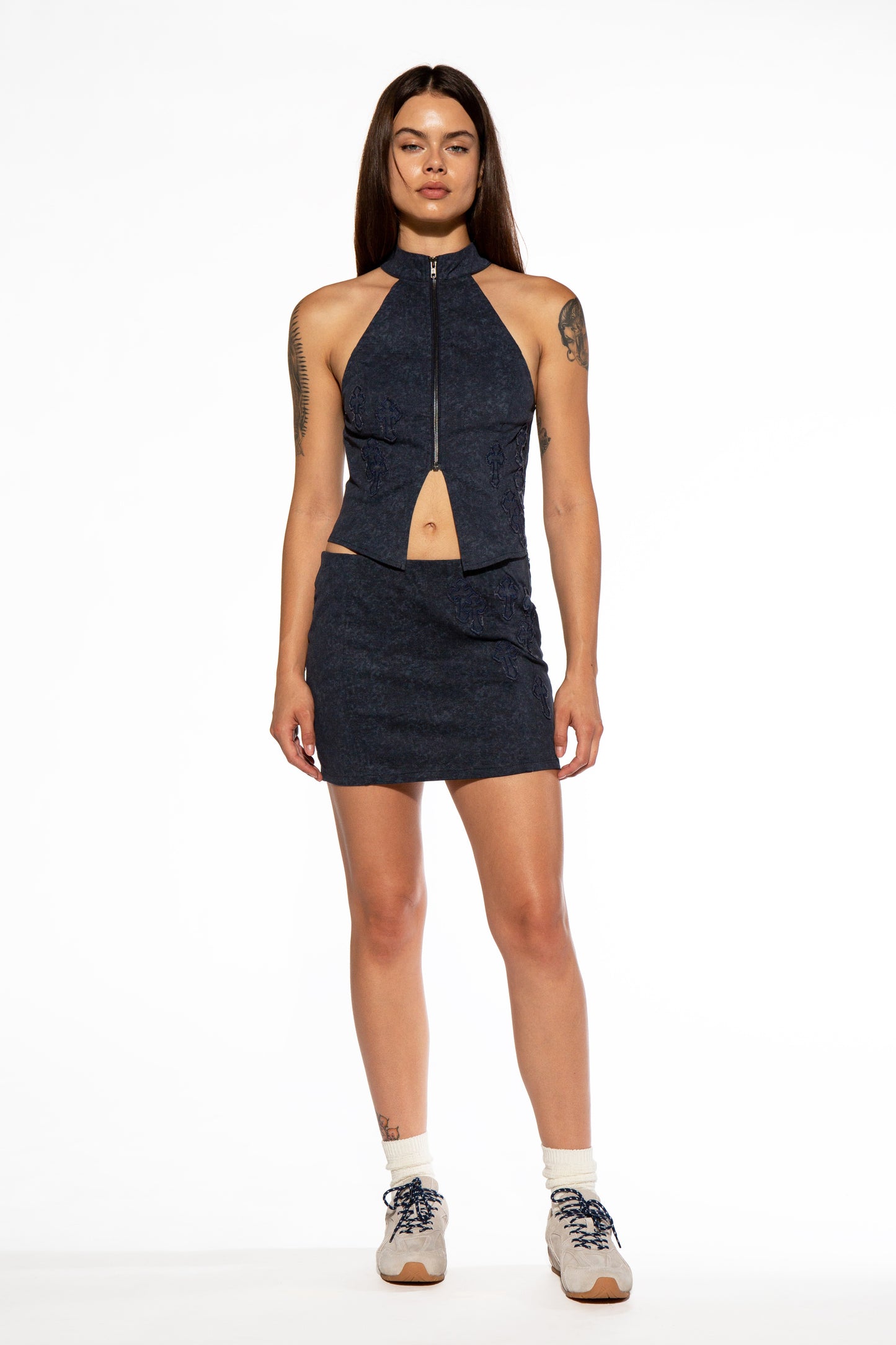 Moto Collar Cross Patch Top & Mini Skirt Set