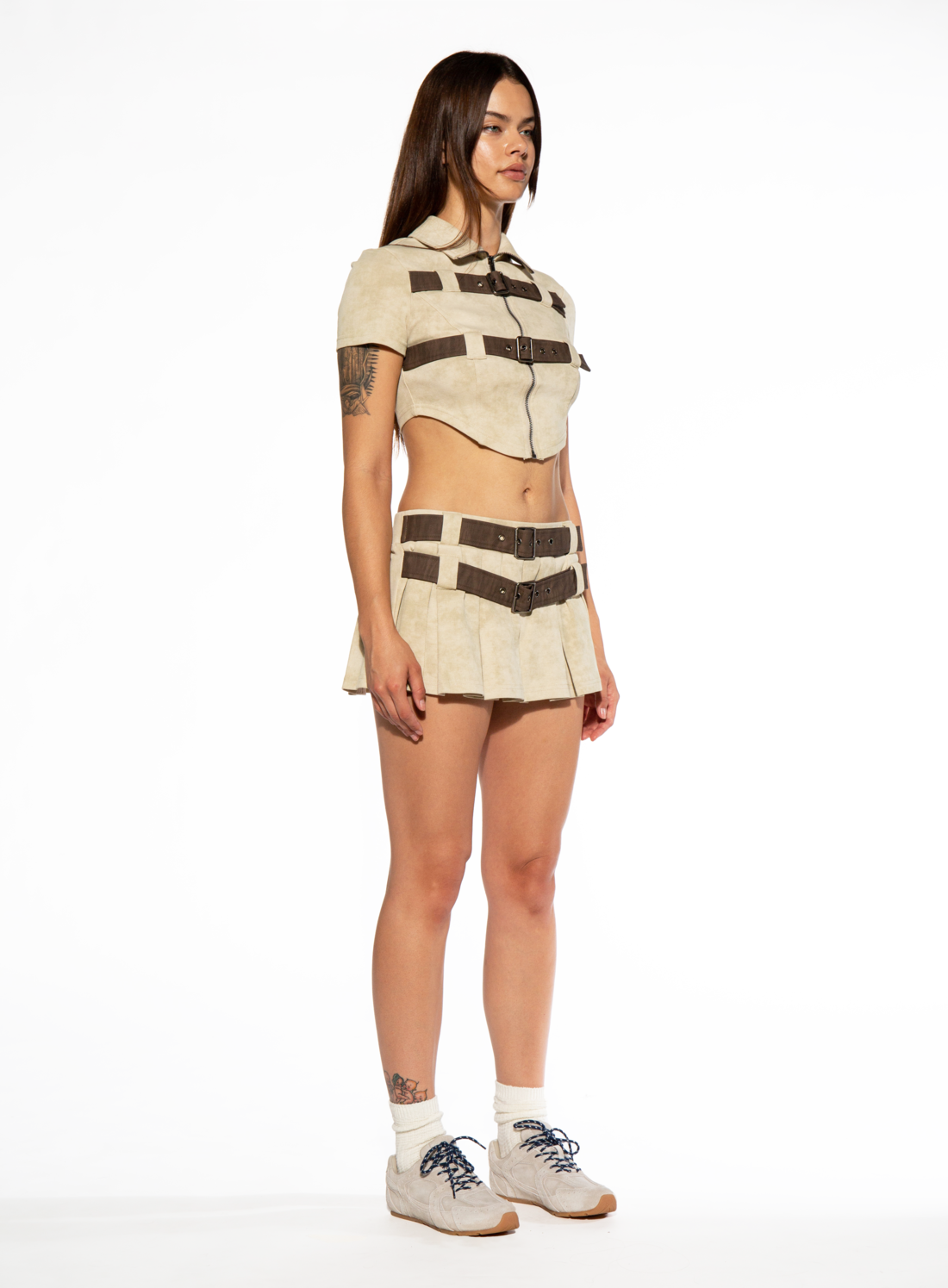 LEATHER BELTED SHIRT SKIRT SET
