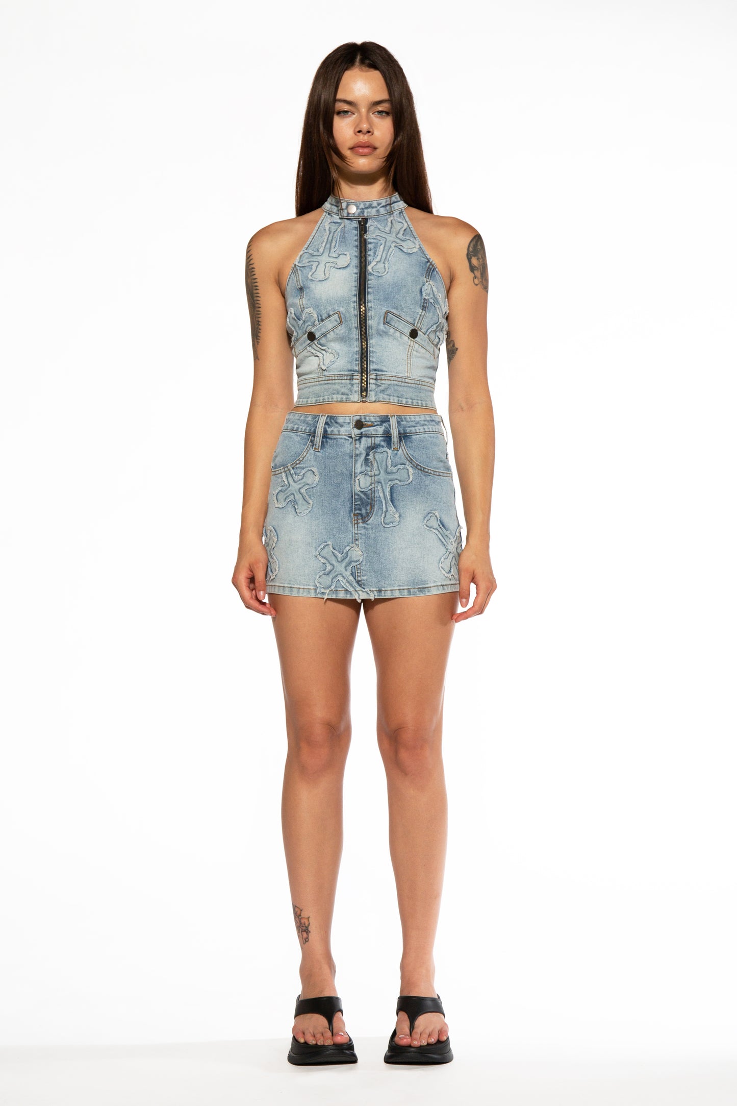 Cross Patch Halter Neck Denim Top