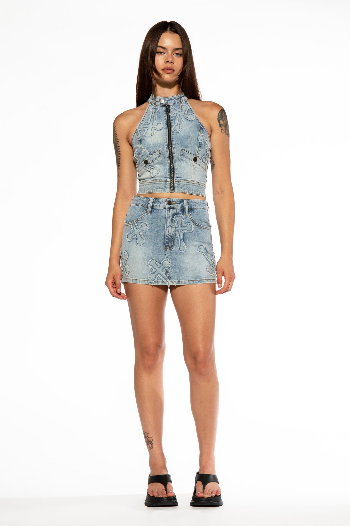 Cross Patch Halter Neck Denim Top