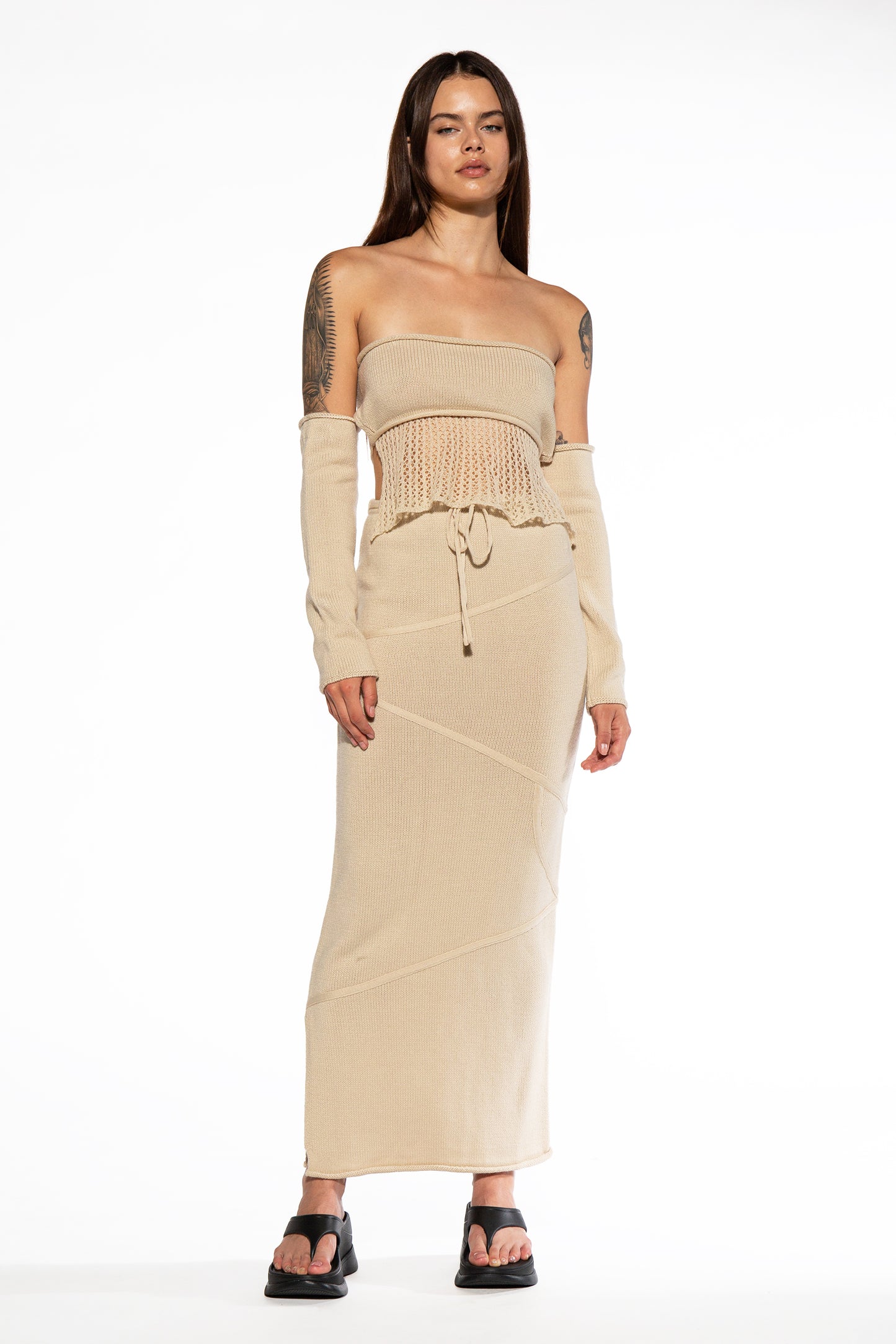 Crochet Peplum Top and Maxi Skirt Knit Sweater Set