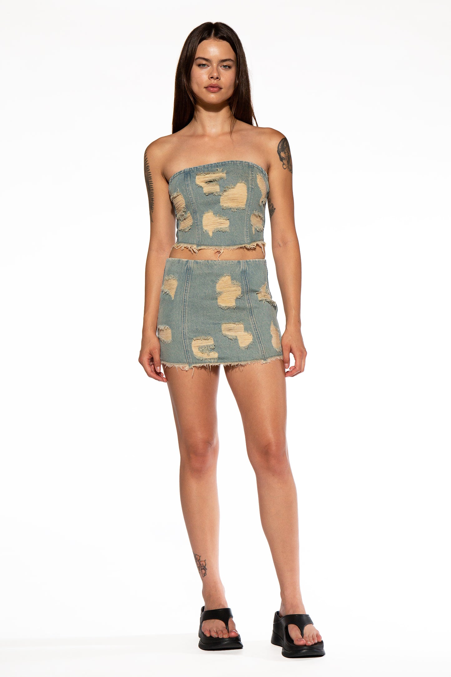 Over All Distressed Denim Micro Mini Skirt