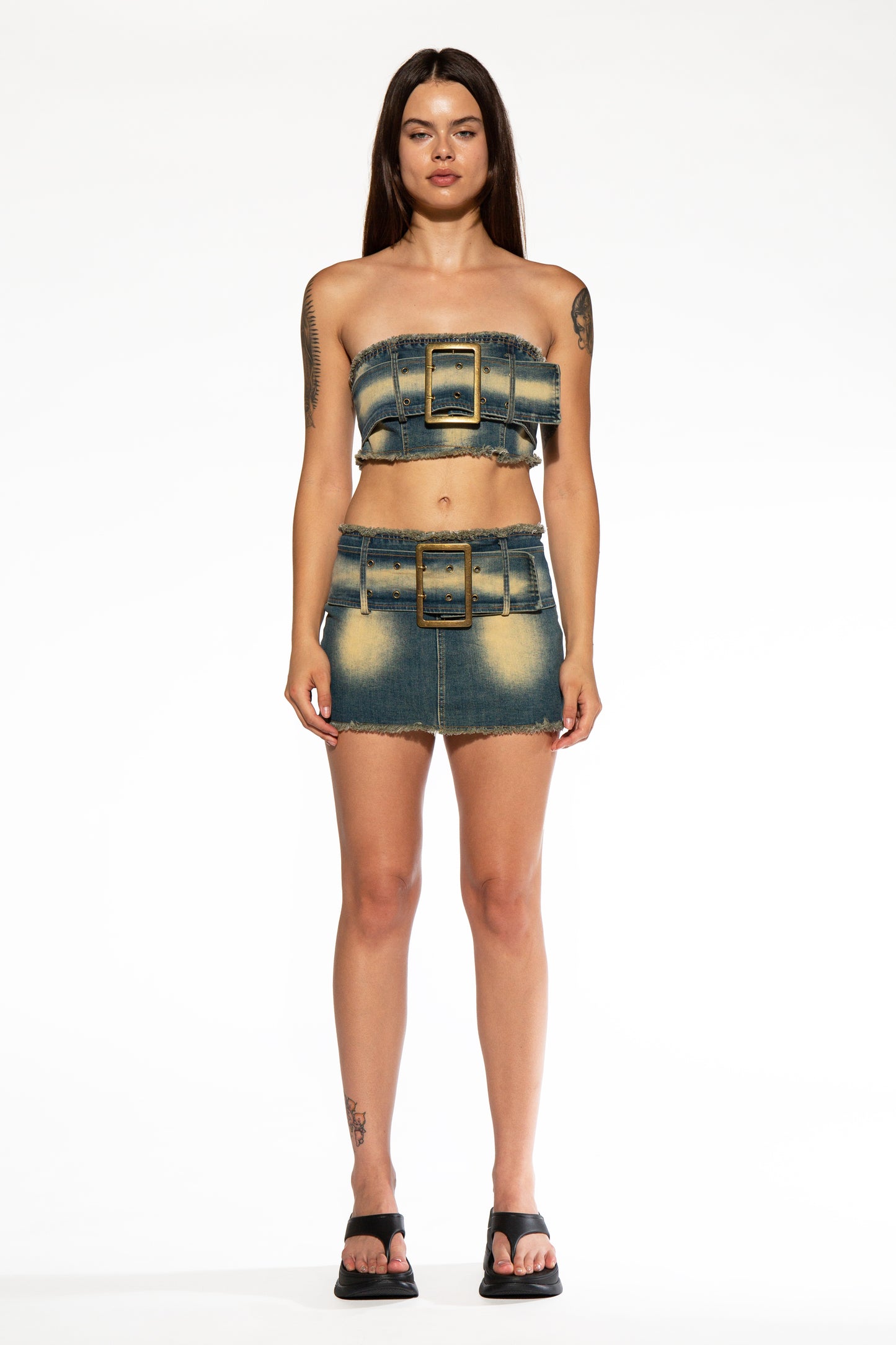Oversized Belt Denim Tube Top & Mini Skirt Set