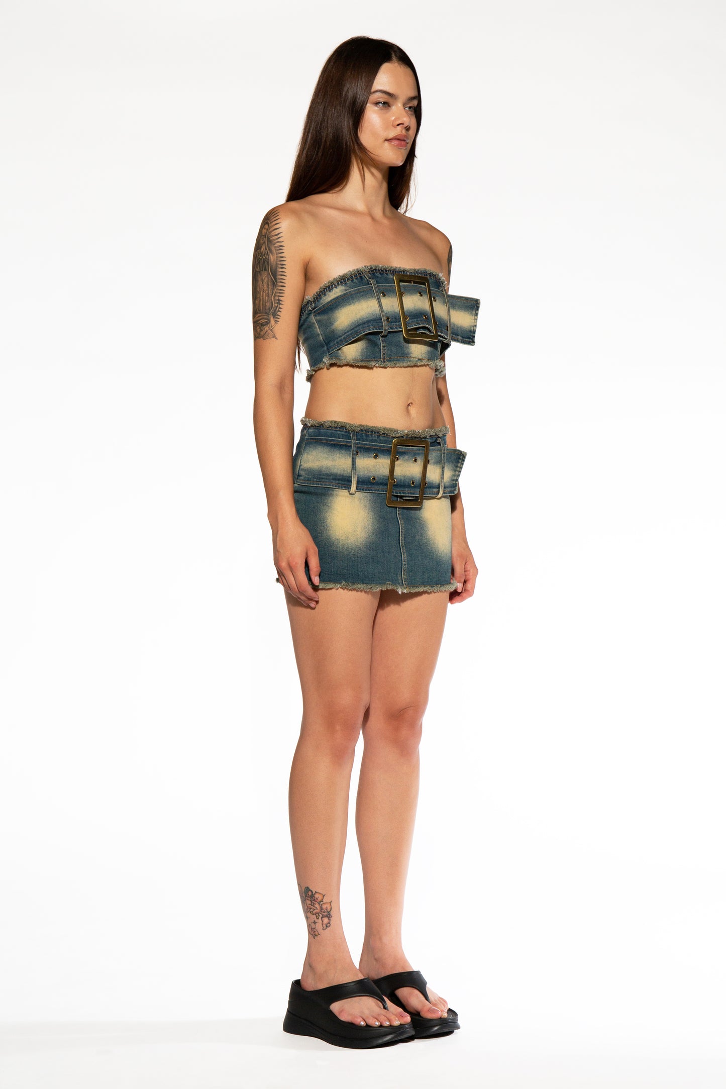 Oversized Belt Denim Tube Top & Mini Skirt Set