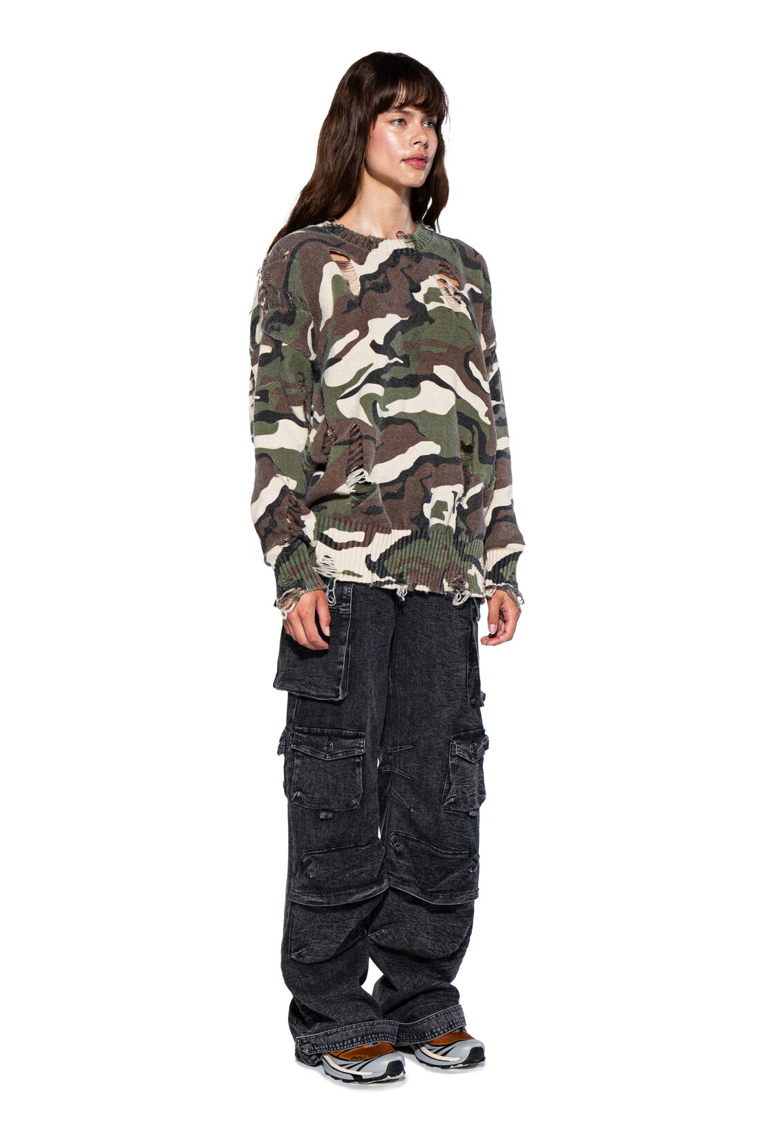 Camouflage Distressed Oversized Knit Sweater