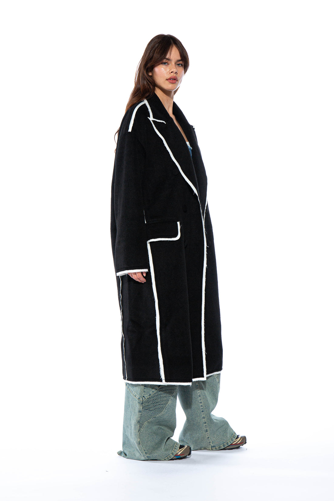 Taping Wool Blend Oversized Long Coat