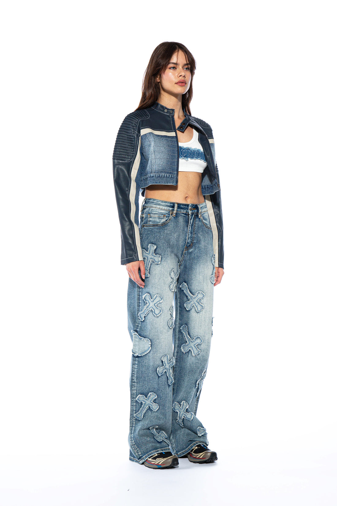 Tucked Shoulder Denim Moto Jacket