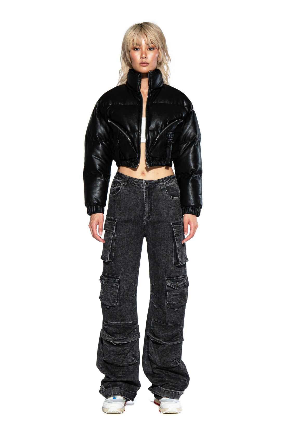 Faux Leather Cargo Puffer Jacket