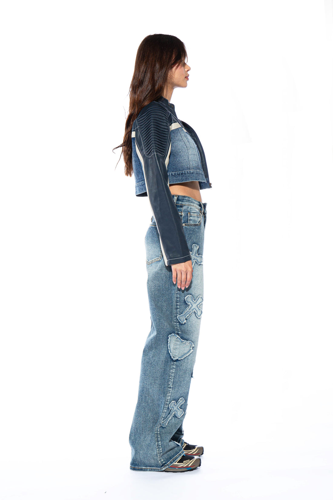 Tucked Shoulder Denim Moto Jacket