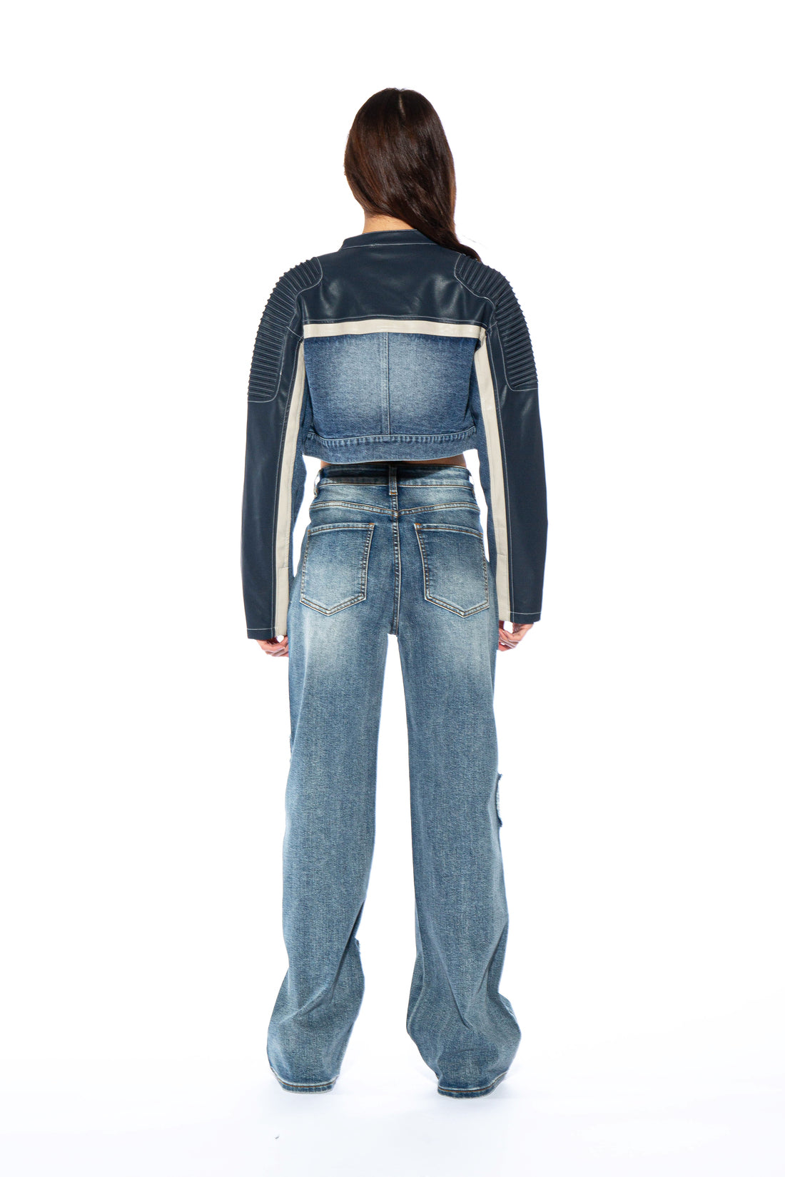 Tucked Shoulder Denim Moto Jacket