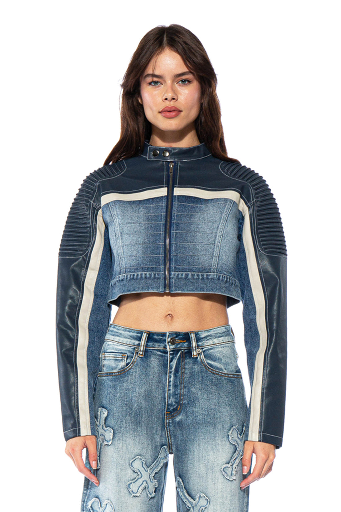Tucked Shoulder Denim Moto Jacket