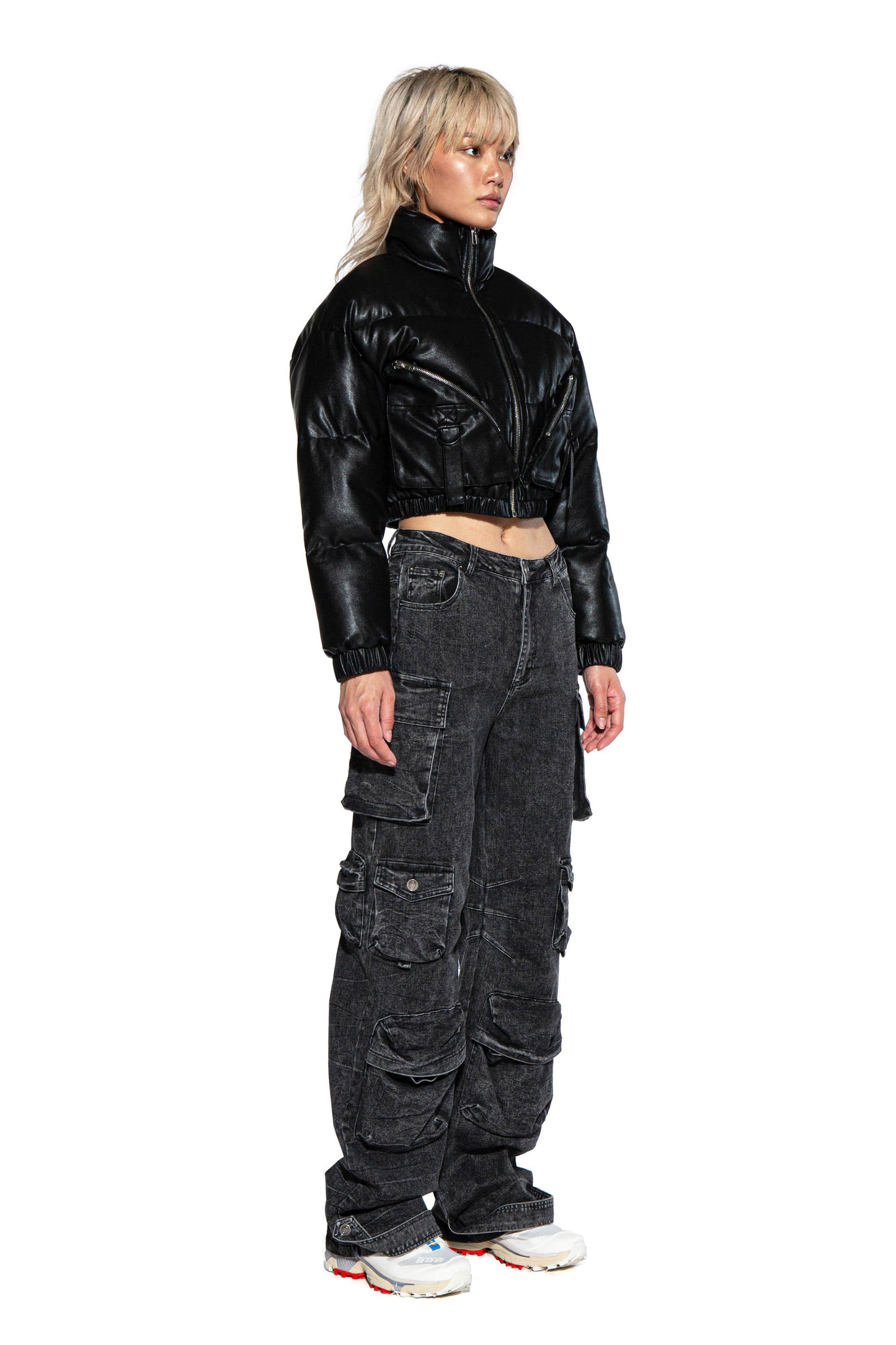 Faux Leather Cargo Puffer Jacket