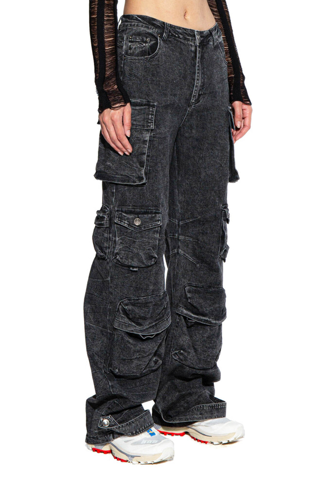 VINTAGE EFFECT BLACK DENIM CARGO PANTS