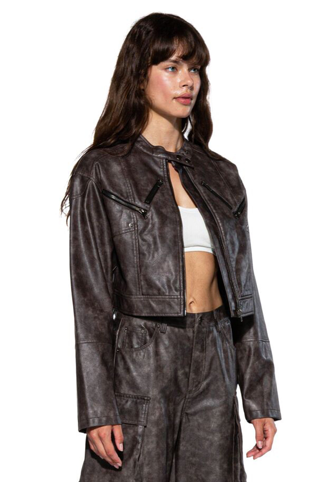 Vintage Wash Faux Leather Zipper Moto Jacket