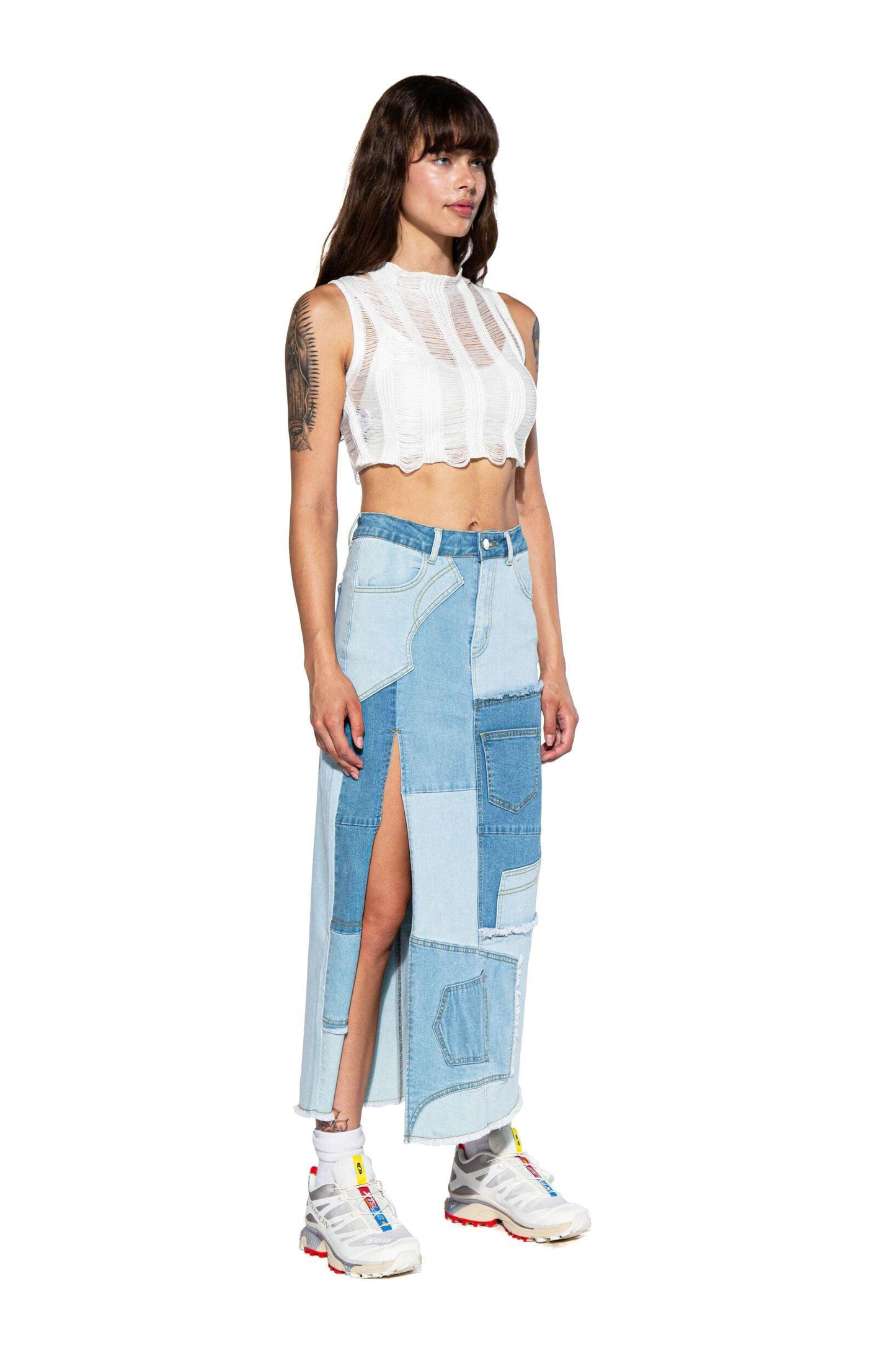 Patchwork Denim Maxi Skirt - Afterhour
