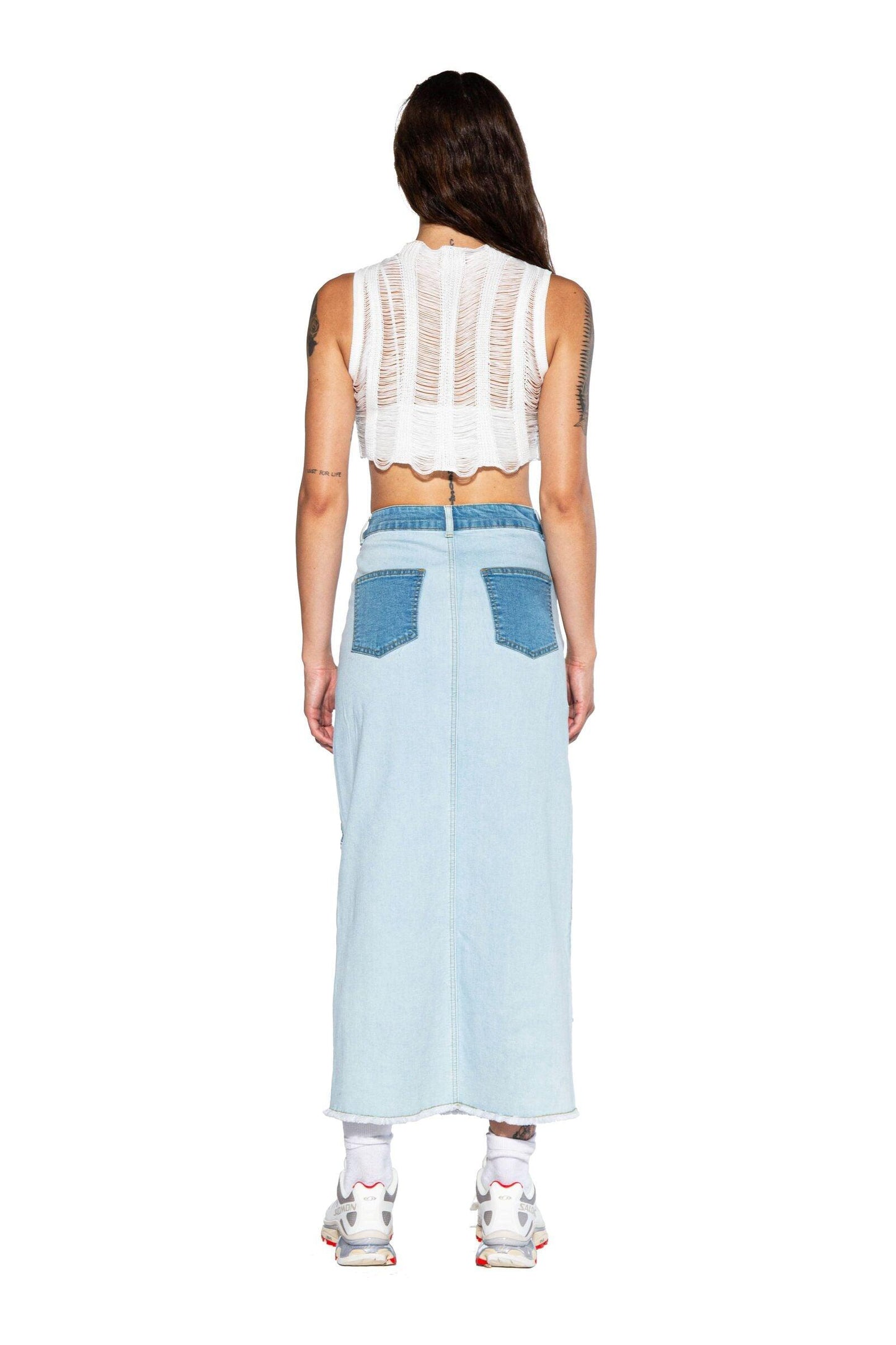 Patchwork Denim Maxi Skirt - Afterhour