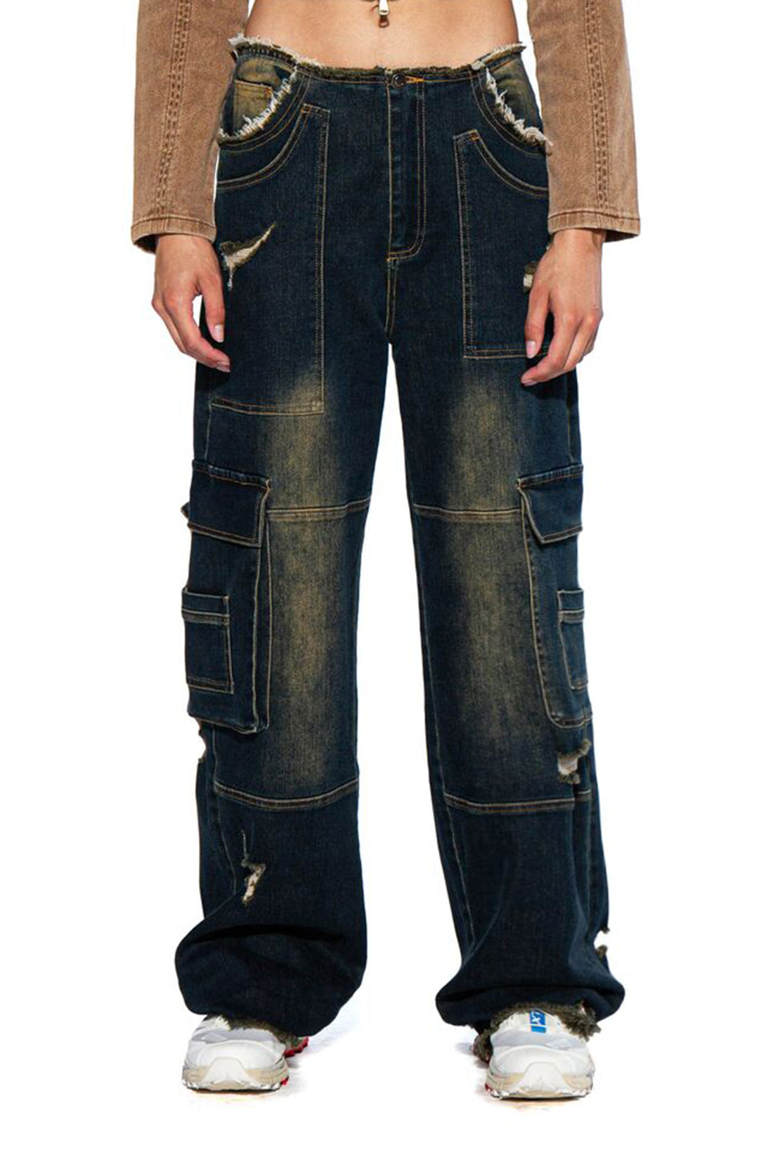 ROUGH FRAYED EDGE TINTED DENIM CARGO PANTS