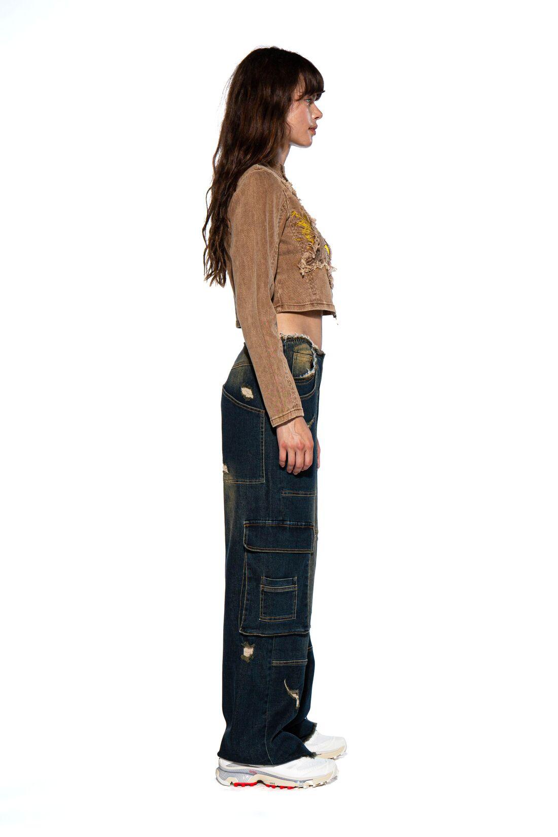 ROUGH FRAYED EDGE TINTED DENIM CARGO PANTS - Afterhour
