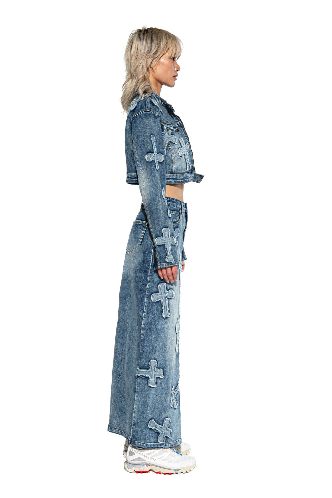 Cross Patch Denim Maxi Skirt