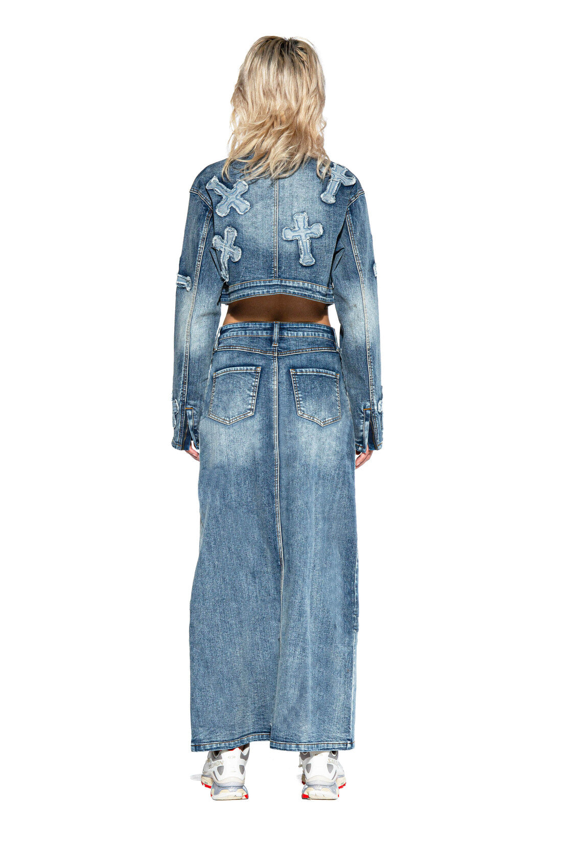 Cross Patch Denim Maxi Skirt