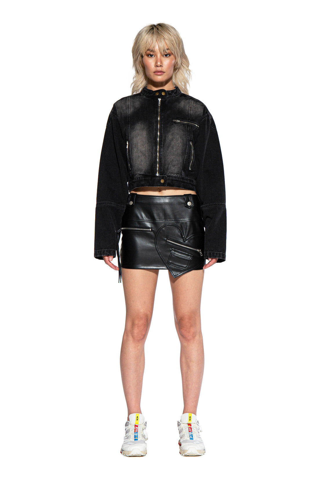 HEART SHAPED PATCHED POCKET FAUX LEATHER MICRO MINI SKIRT