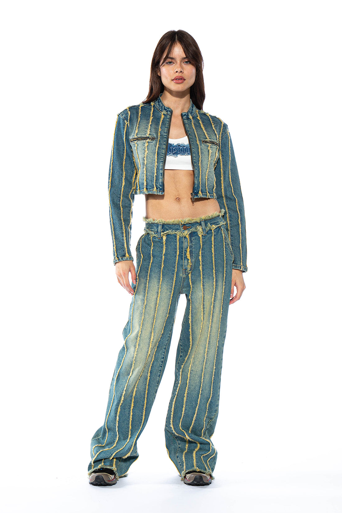 Frayed Vintage Tinted Denim Moto Jacket