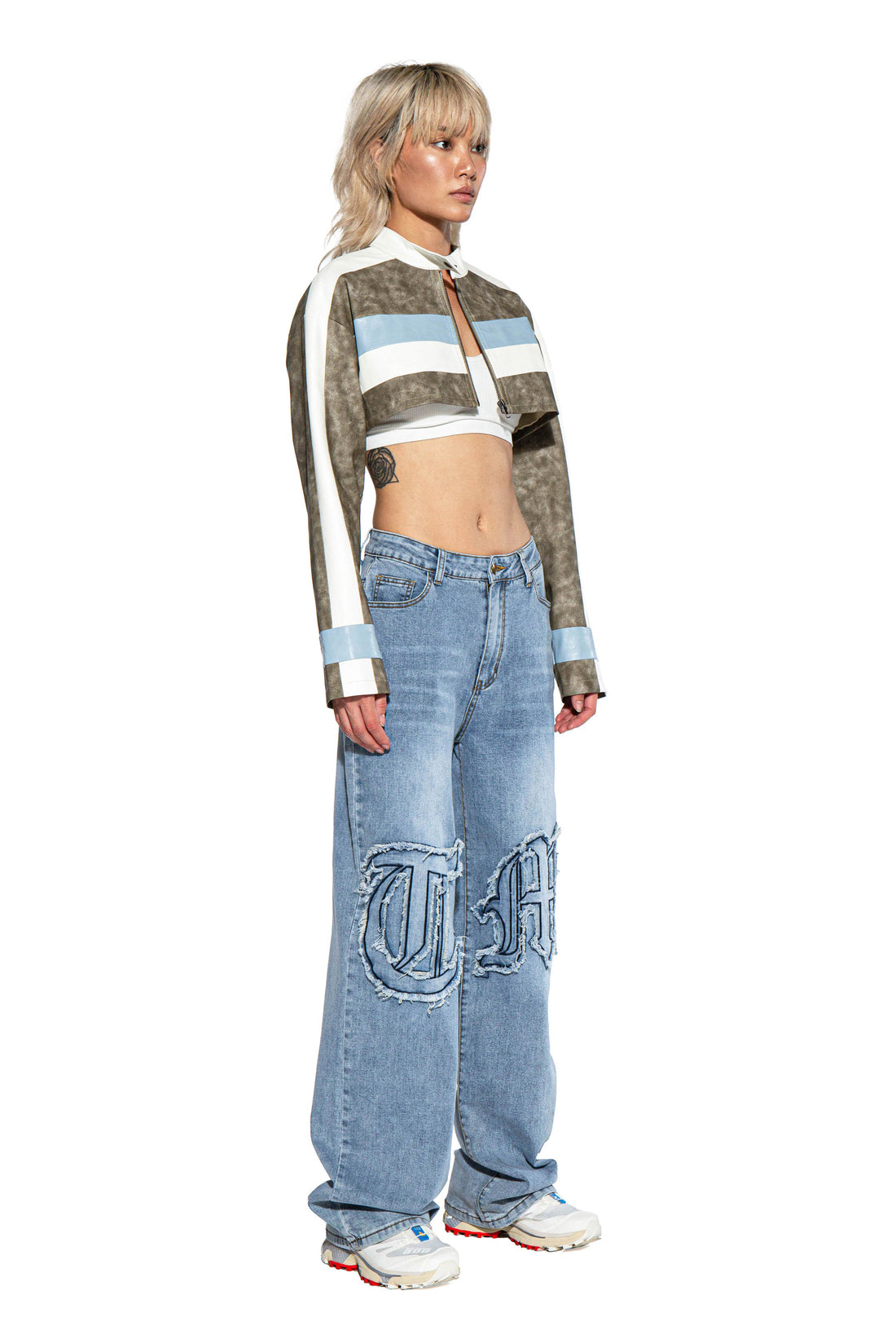 Bold Letter Knee Patch Straight Leg Jean