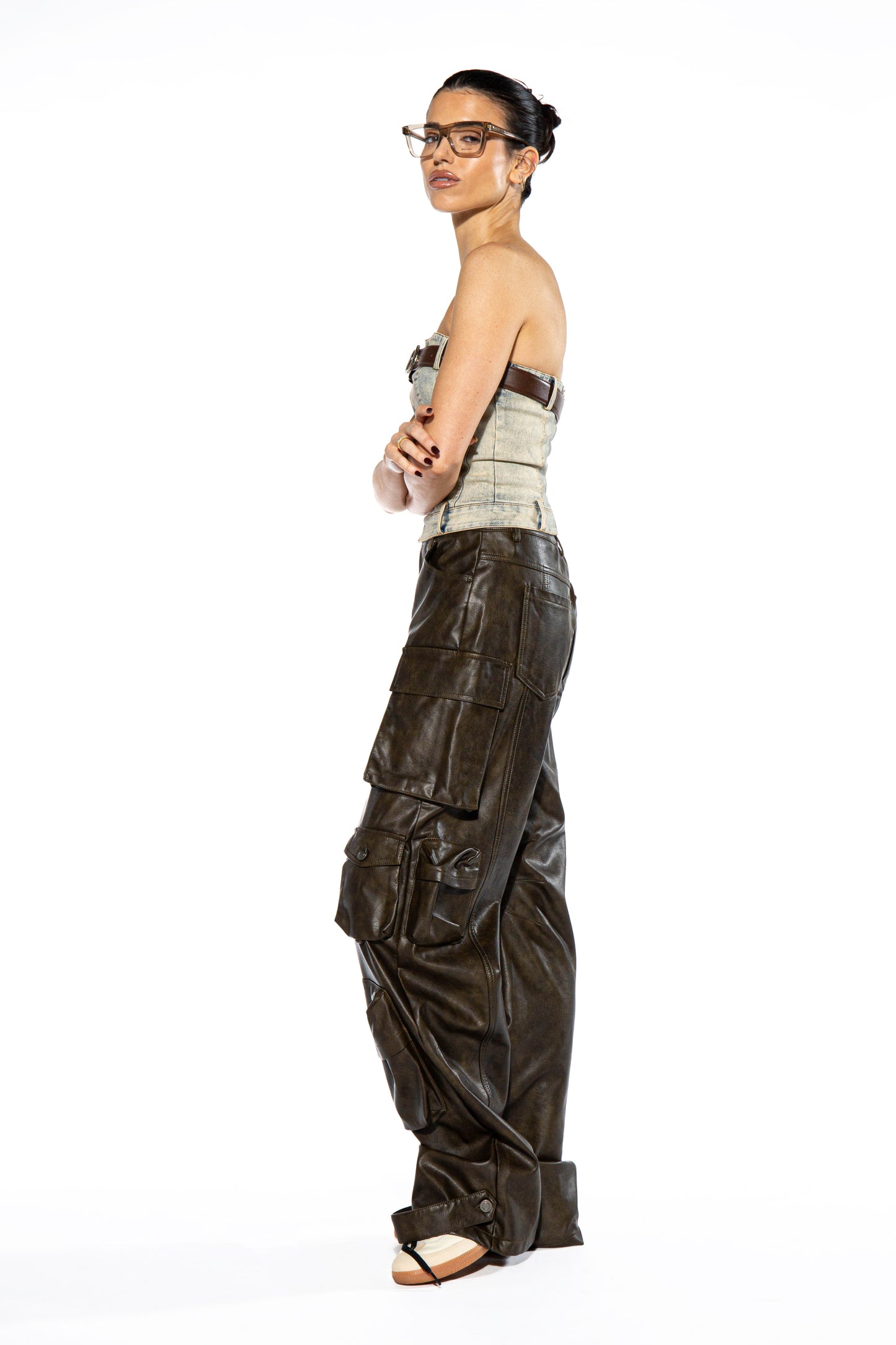 Vintage Washed Faux Leather Baggy Cargo Pant