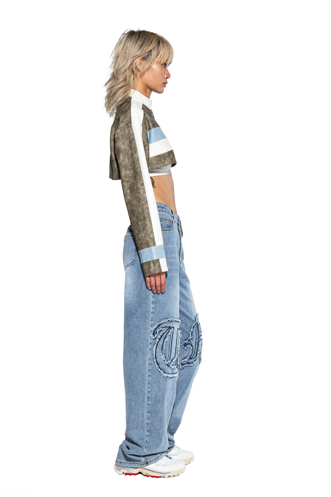 Bold Letter Knee Patch Straight Leg Jean