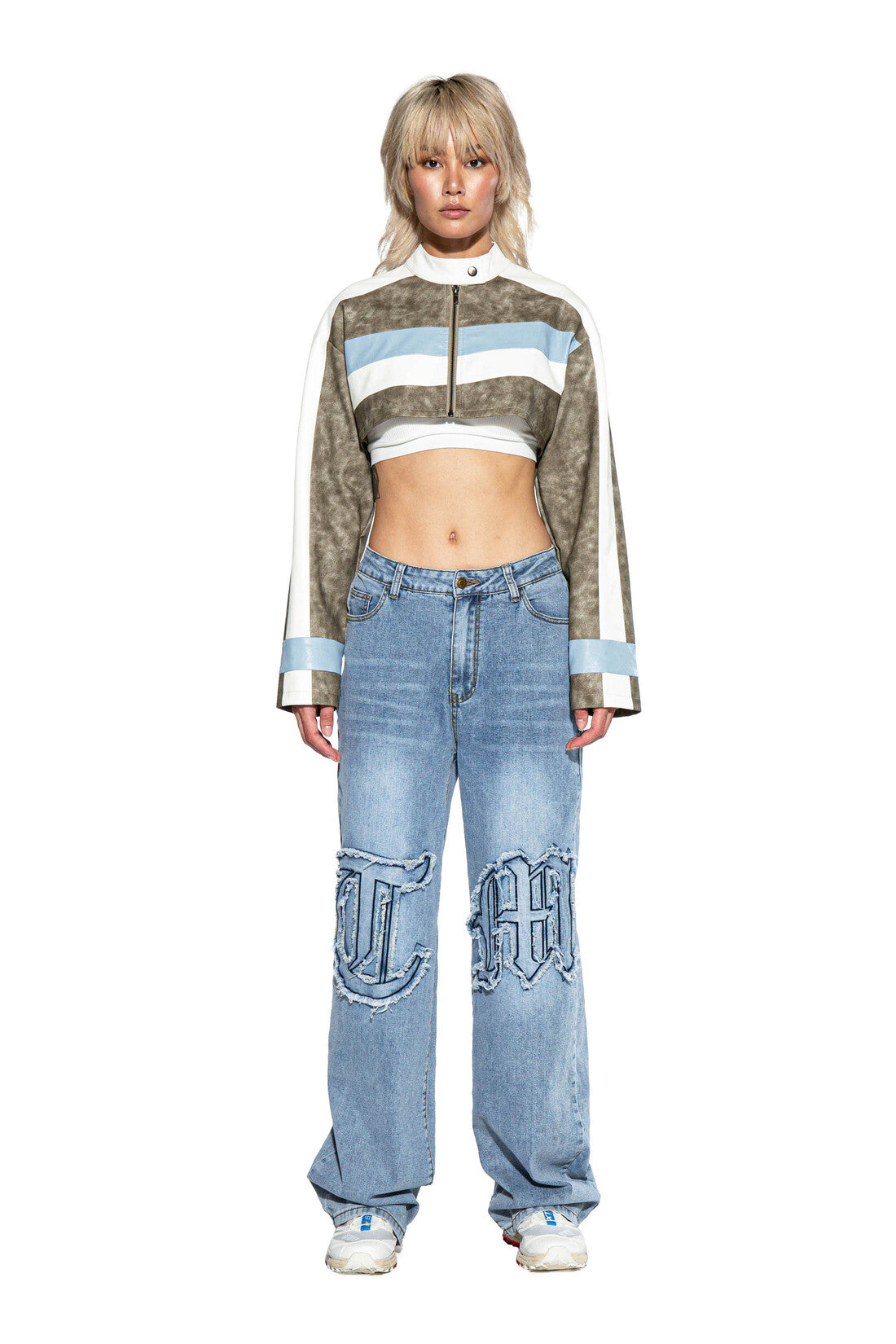 Bold Letter Knee Patch Straight Leg Jean