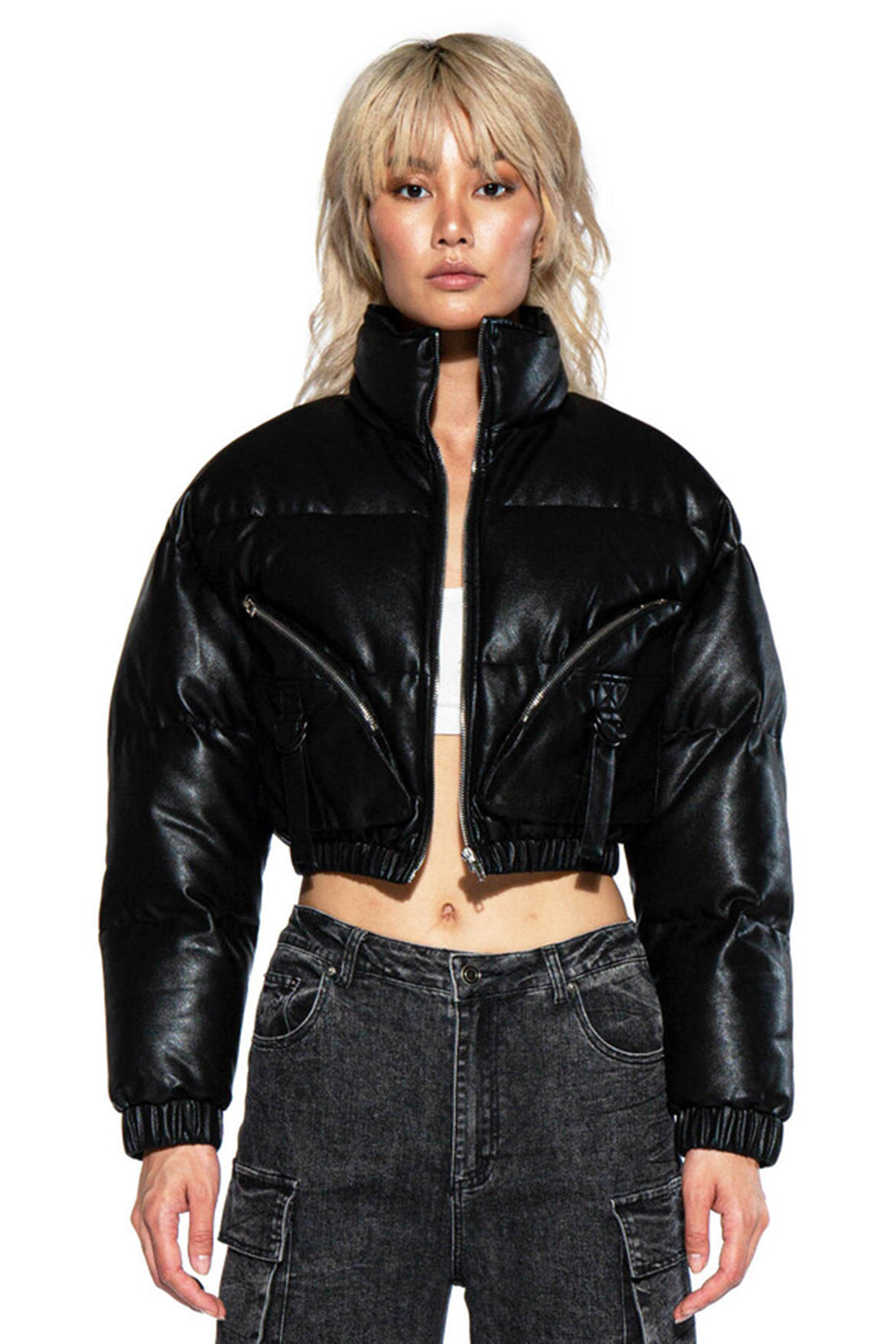 Faux Leather Cargo Puffer Jacket