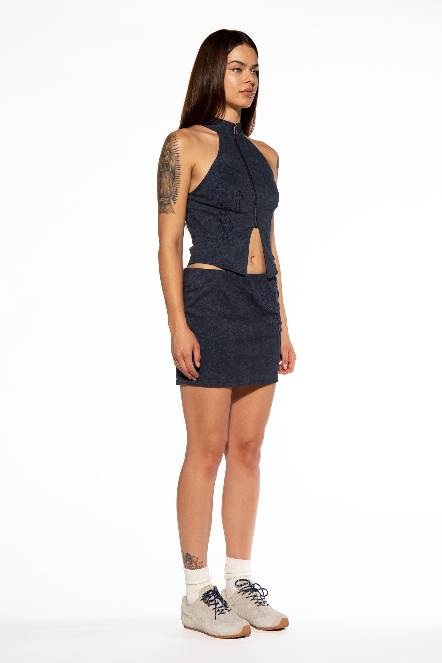 Moto Collar Cross Patch Top & Mini Skirt Set