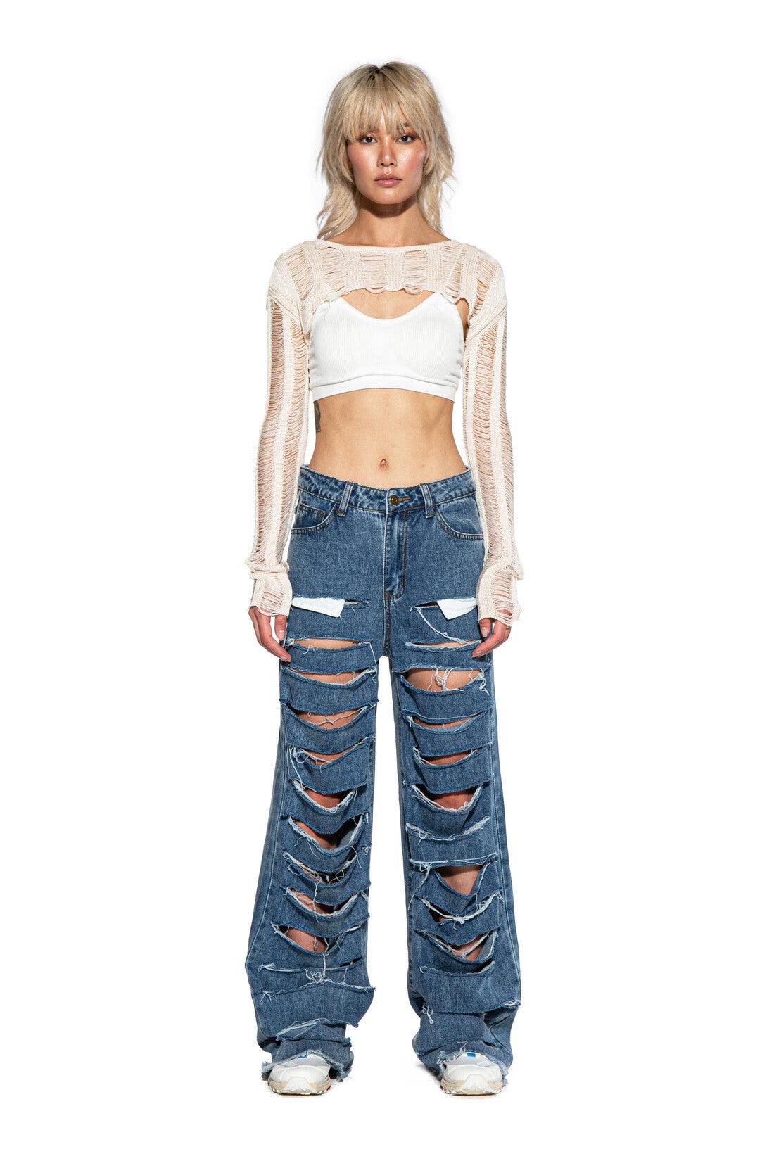 All Over Cutout Fringed Denim Pant - Afterhour