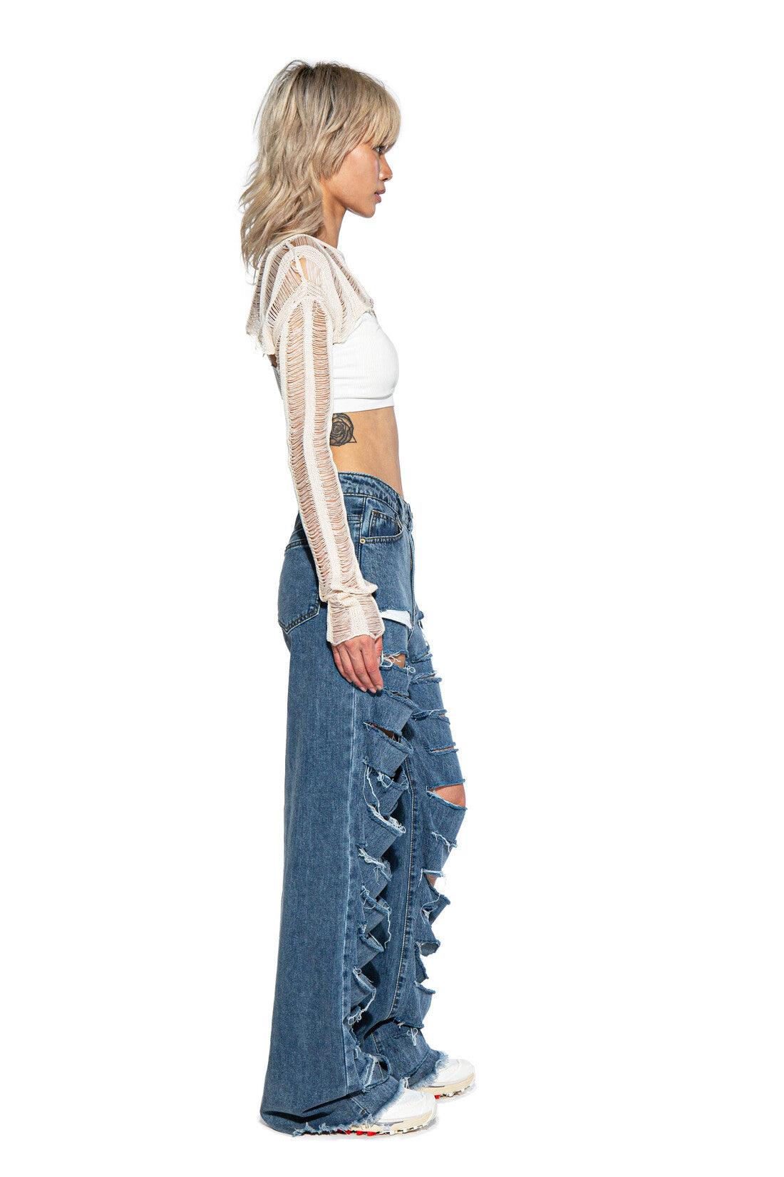 All Over Cutout Fringed Denim Pant - Afterhour