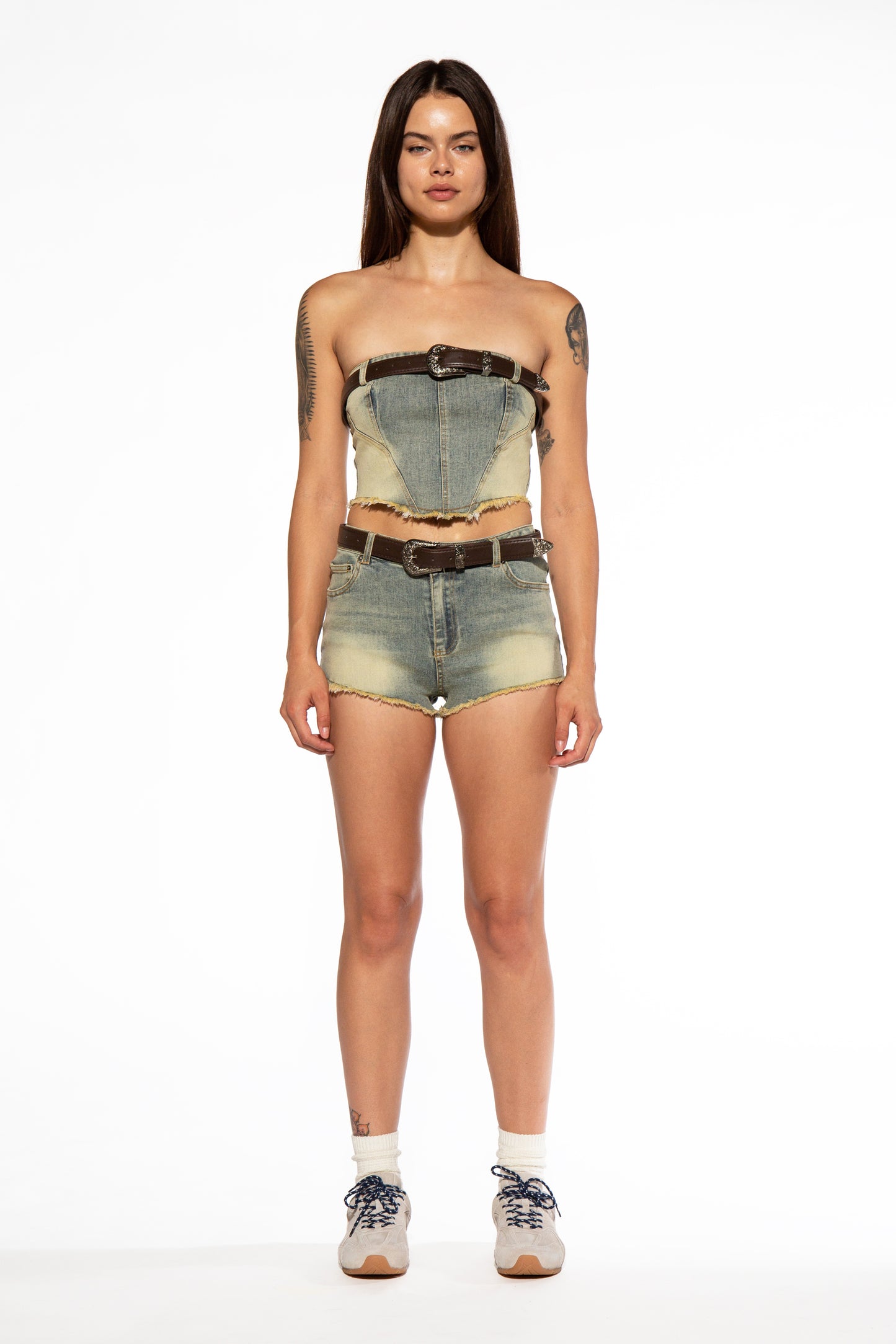 Raw Edge Belted Denim Micro Shorts