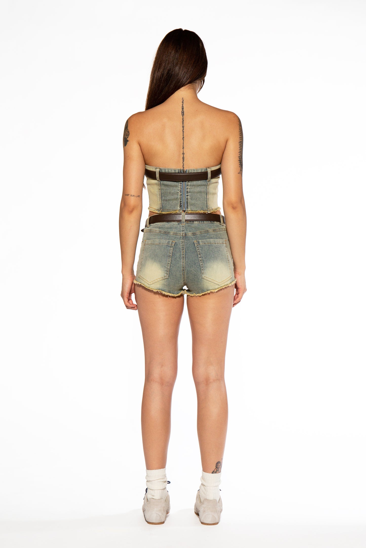 Raw Edge Belted Denim Micro Shorts