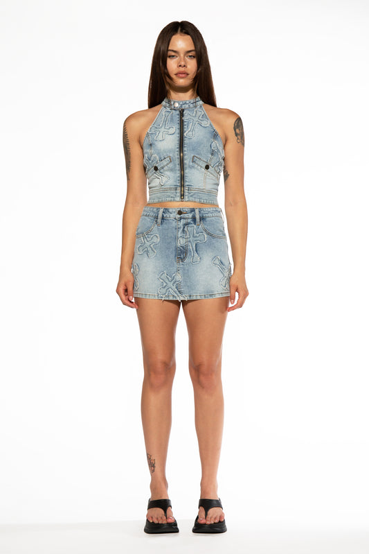 Cross Patch Denim Mini Skirt
