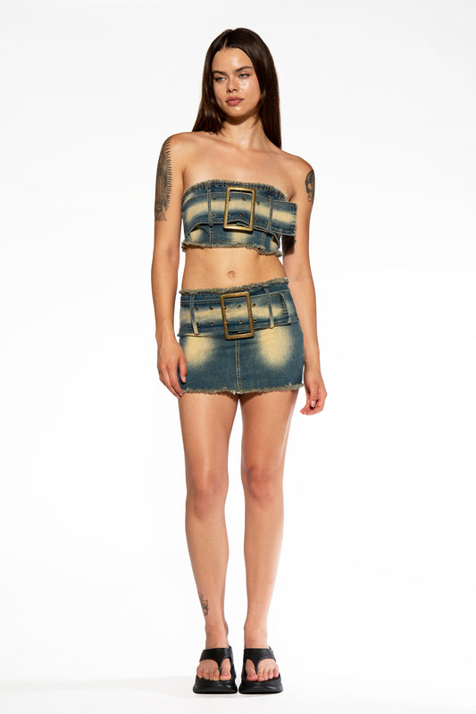 Oversized Belt Denim Tube Top & Mini Skirt Set