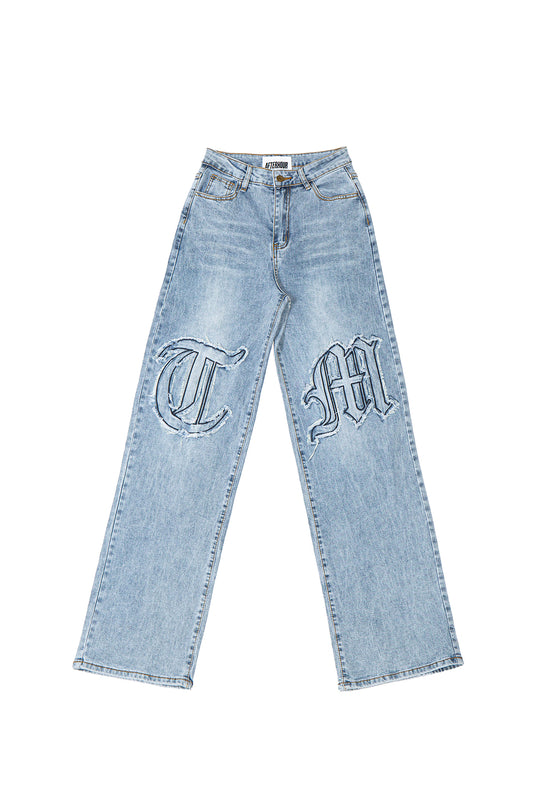 Bold Letter Knee Patch Straight Leg Jean