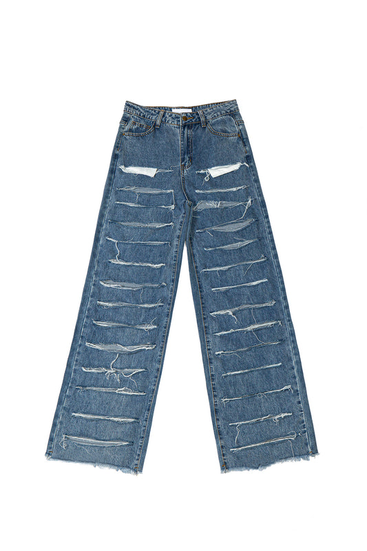 All Over Cutout Fringed Denim Pant