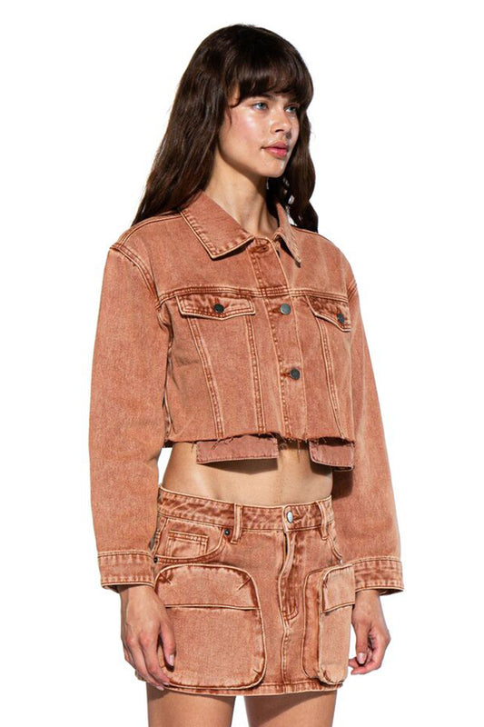 SNOW WASHED TWILL CROPPED TRUCKER JACKET